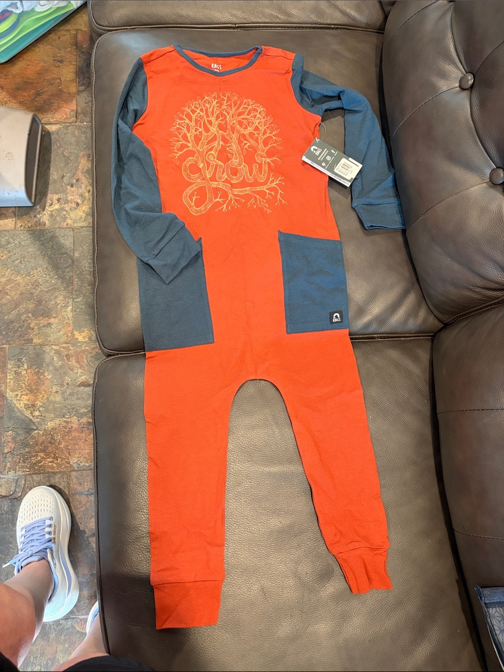Rags to Raches Orange One-Piece Footie with Blue Sleeves